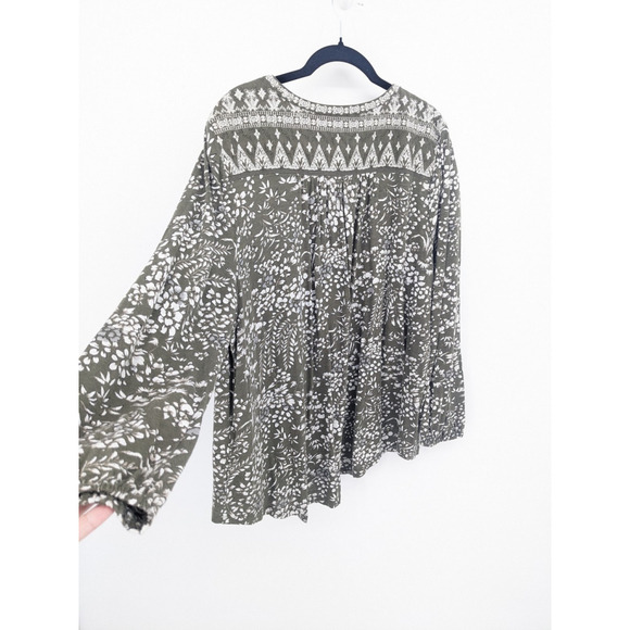 Lucky Brand Shirt Women 2X Green Floral Embroidered Boho Peasant Top Long Sleeve - Picture 2 of 11